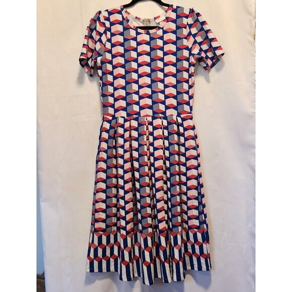 LuLaRoe Fit & Flare Amelia Dress M Multicolor Geometric Pleated Skirt Pockets - Picture 1 of 8